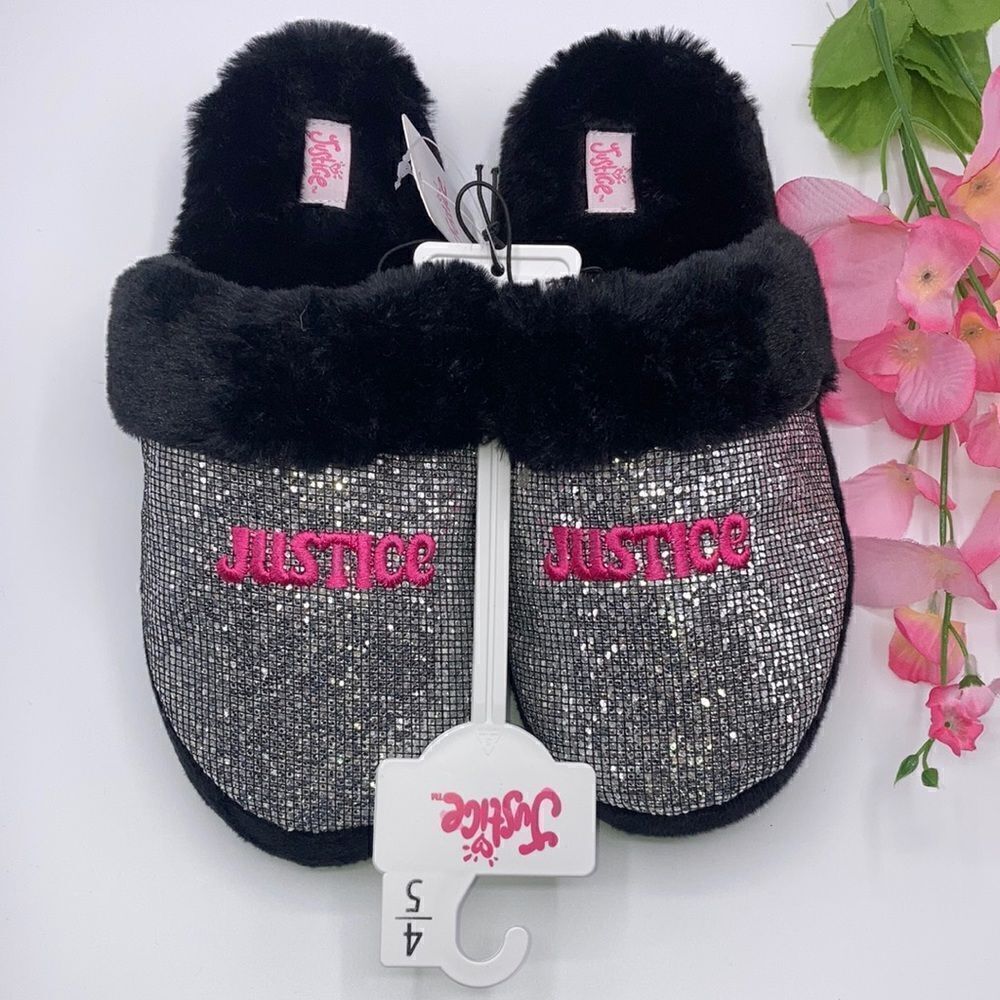 Justice Girls Graphic Slip On Sparkling Scuff Slippers Shoes Size 4/5